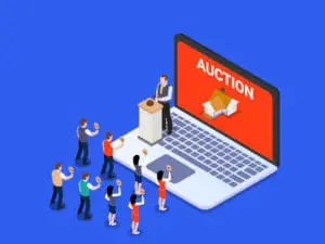 Drawing shouing people lined up in front of a laptop with an auctioneer actioning a property showing on the screen signifying busines property at auction