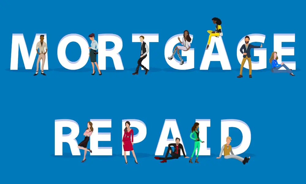 Sign saying Mortgage Repaid with people on to signify that you have repaid your mortgage