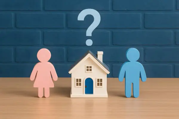 wooden model people on either side of a model house with a question mark over it when discussing financial provision on divorce