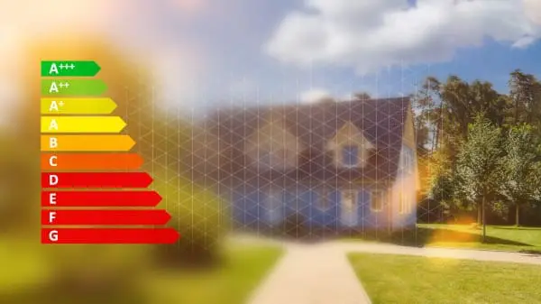 Energy performance chart overlaid on house as we discuss the EPC in Morgans Guide to buying a house
